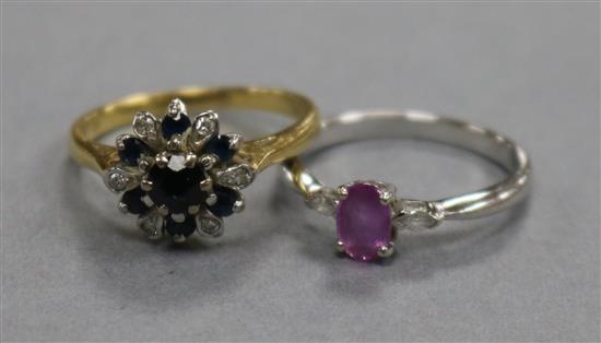 An 18ct yellow gold, sapphire and diamond cluster ring and an 18ct white gold, pink sapphire and diamond ring.